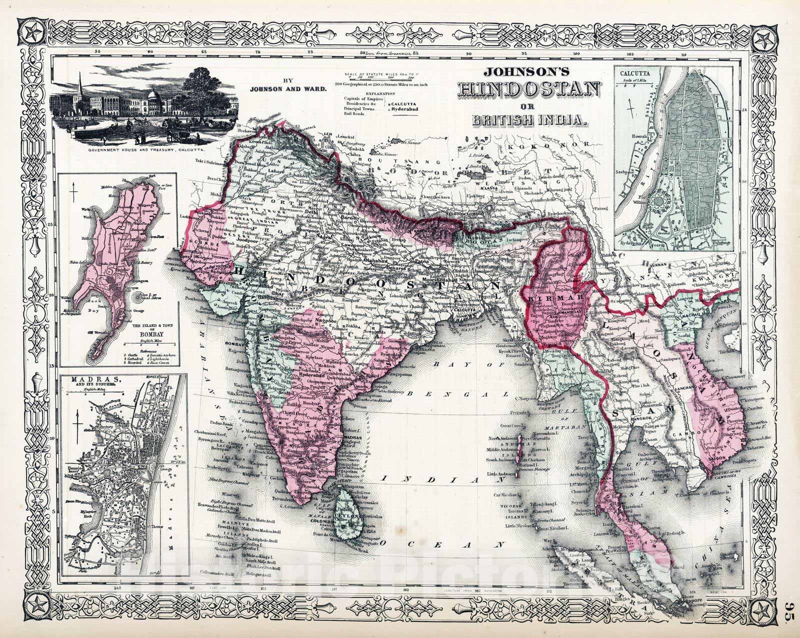 Historic Map : India, 1864 Hindostan Or British India , Vintage Wall Art