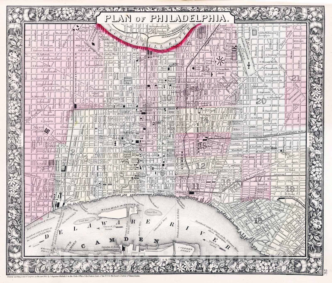 Historic Map : 1865 Plan of Philadelphia - Vintage Wall Art