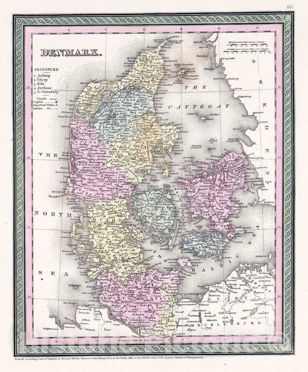 Historic Map : 1853 Denmark - Vintage Wall Art