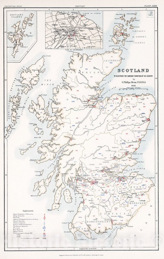 Historic Map : Statistical Atlas - 1881 Scotland to Illustrate the Sanitary Condition of the Country. - Vintage Wall Art