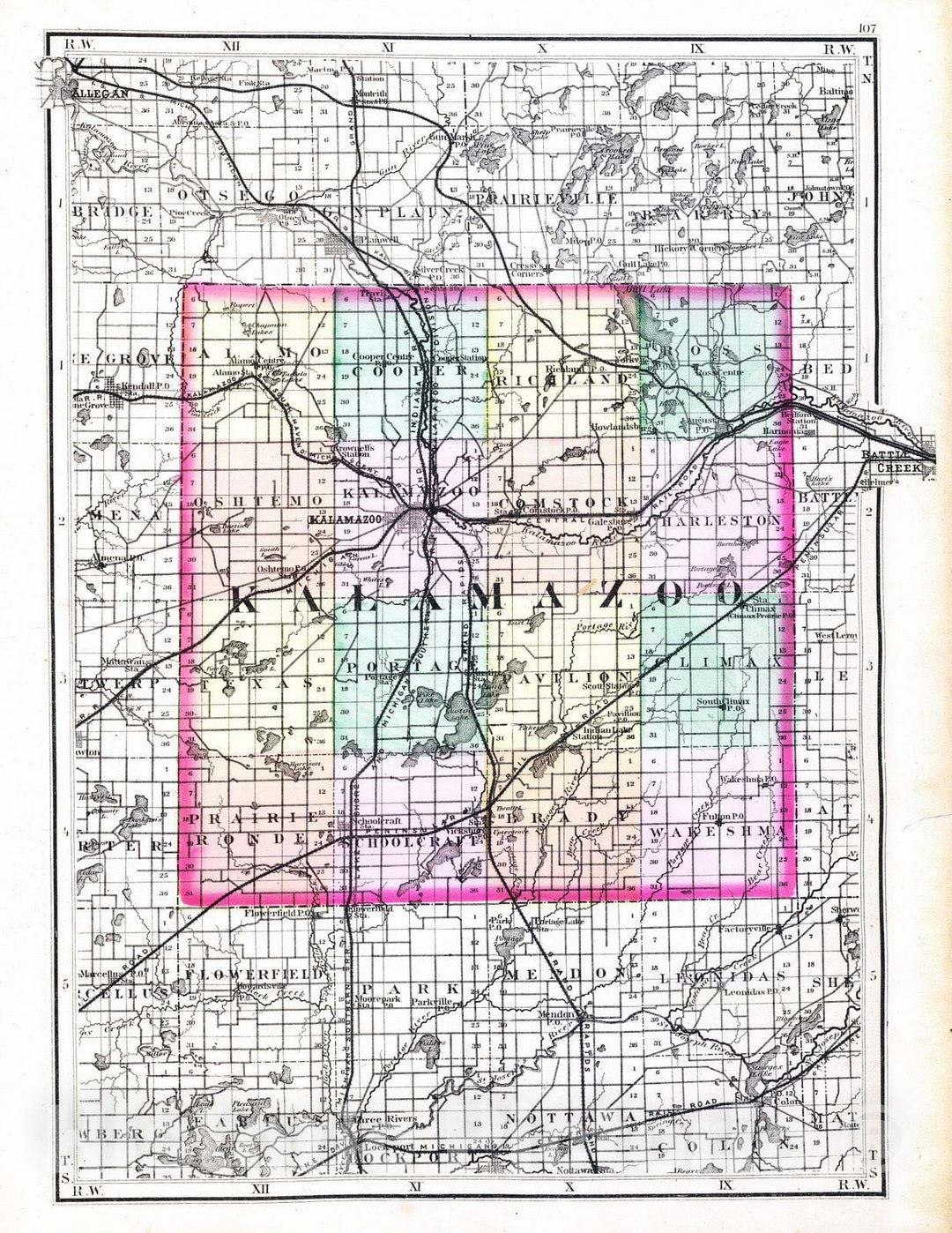 Historic Map : 1873 (Map of Kalamazoo County, Michigan) - Vintage Wall Art