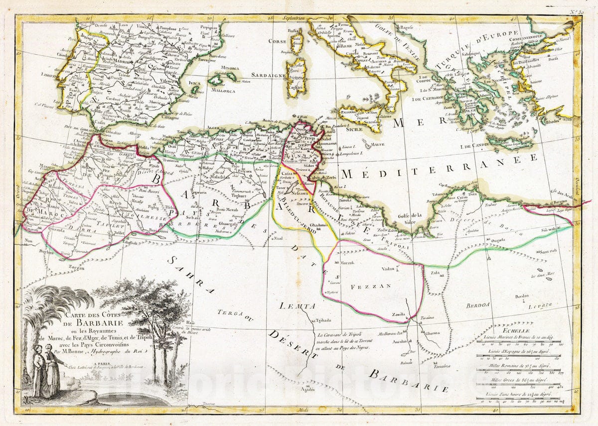 Historic Map : Algeria; Libya; Morocco; Tunisia, Africa, North 1791 Barbarie. , Vintage Wall Art