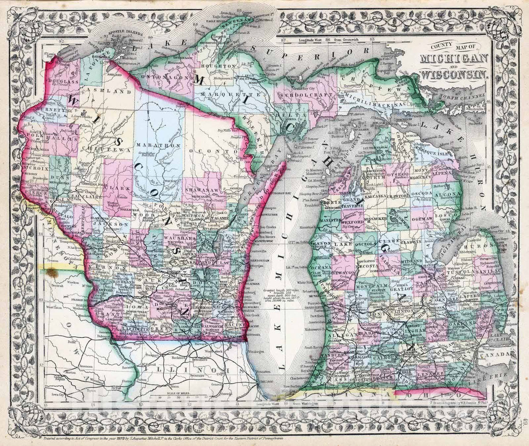 Historic Map : 1870 Michigan, Wisconsin. - Vintage Wall Art