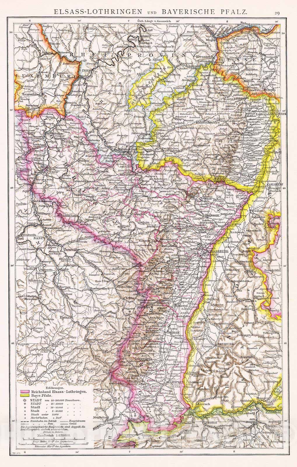 Historic Map : France; Germany, 1881 Elsass-Lothringen, Bayerische Pfalz. , Vintage Wall Art