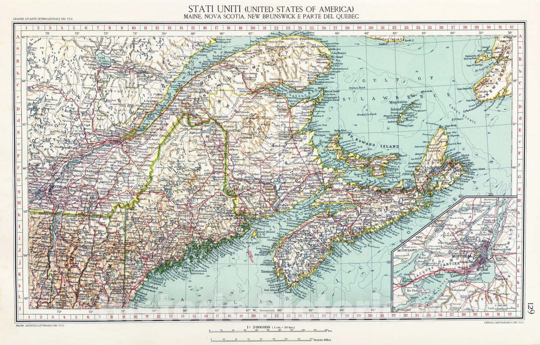 Historic Map : 1929 129. Maine, Nova Scotia, New Brunswick, Quebec. - Vintage Wall Art