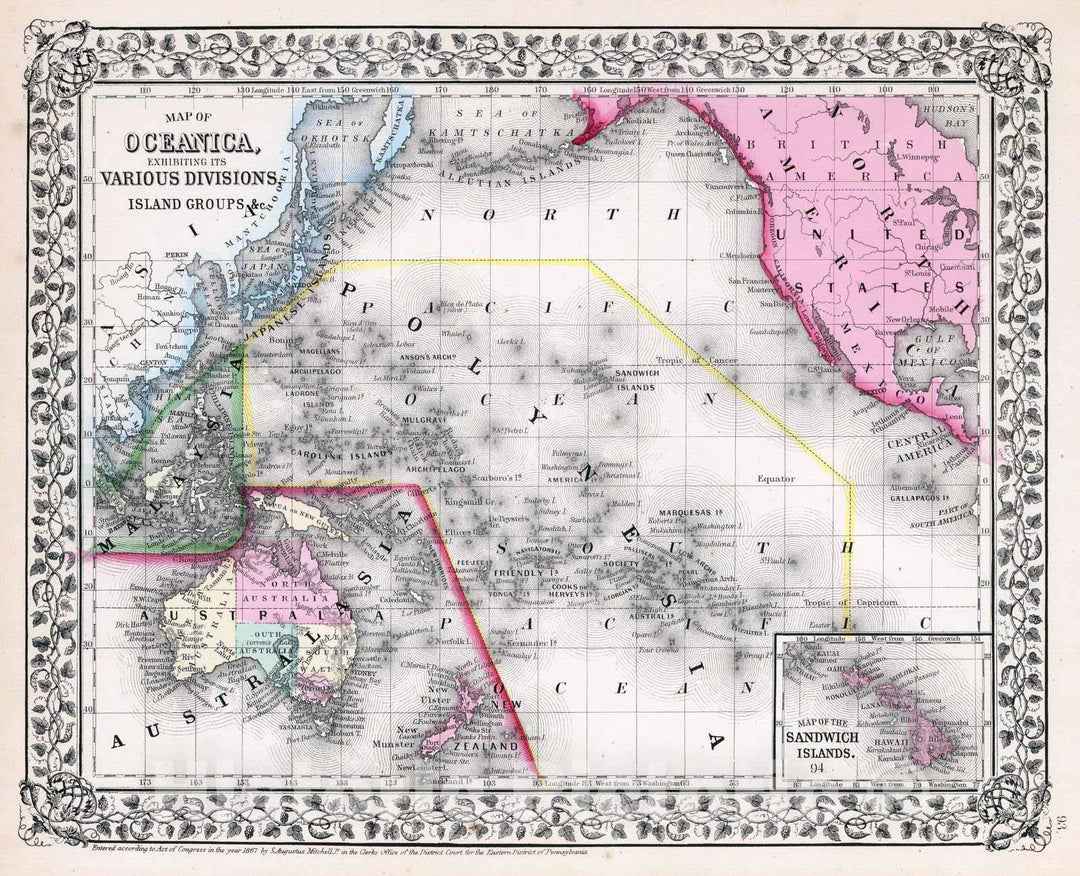 Historic Map : 1870 Oceanica, Sandwich Islands. - Vintage Wall Art