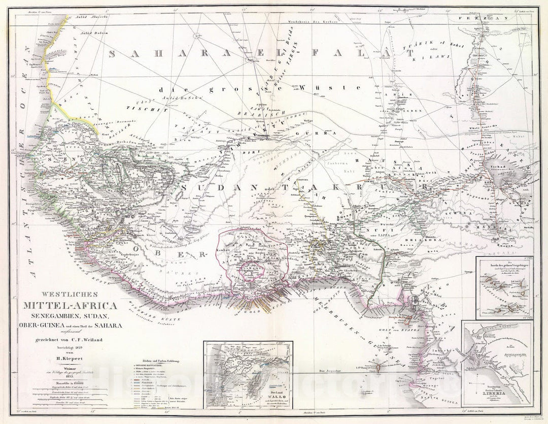 Historic Map : Liberia; Senegal, Africa, Central 1853 West. Mittel-Africa. , Vintage Wall Art