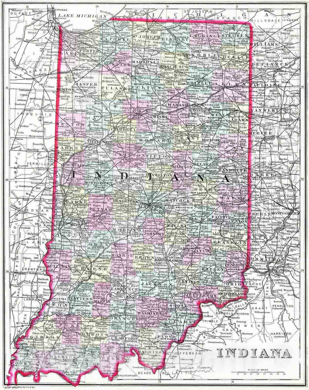 Historic Map : 1890 Indiana : Vintage Wall Art