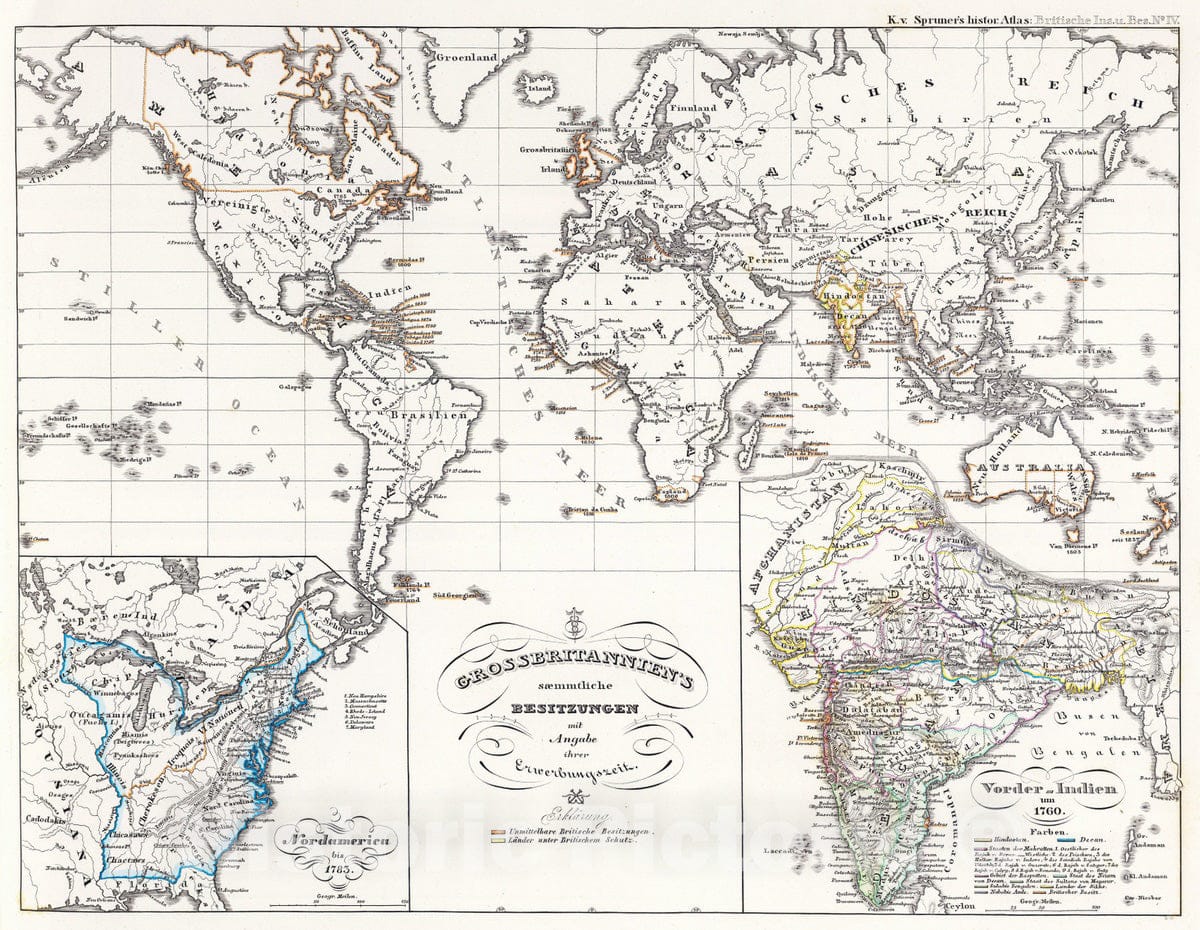 Historic Map : England; India, Great Britain, World 1854 Grossbritannien's saemmtliche Besitzungen mit Angabe ihrer Erwerbungszeit. , Vintage Wall Art