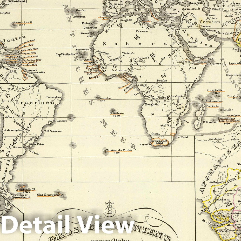 Historic Map : England; India, Great Britain, World 1854 Grossbritannien's saemmtliche Besitzungen mit Angabe ihrer Erwerbungszeit. , Vintage Wall Art