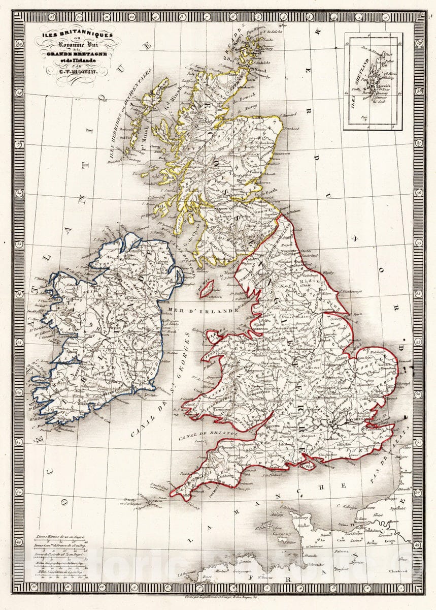 Historic Map : Scotland; Ireland; England; Wales, Great Britain 1839 Iles Britanniques ou Royaume Uni de la Grand Bretagne et la l'Irland. , Vintage Wall Art