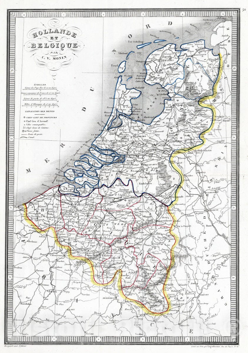 Historic Map : Netherlands; Belgium, 1839 Hollande et Belgique. , Vintage Wall Art