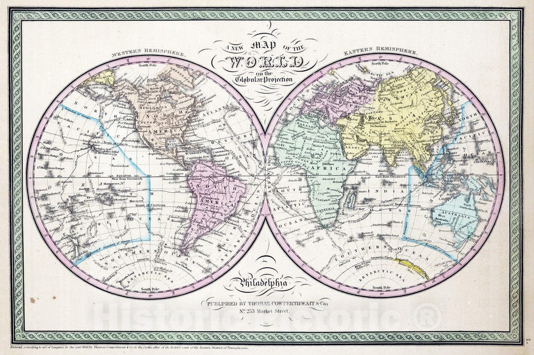 Historic Map : 1853 New Map Of The World on the Globular Projection - Vintage Wall Art