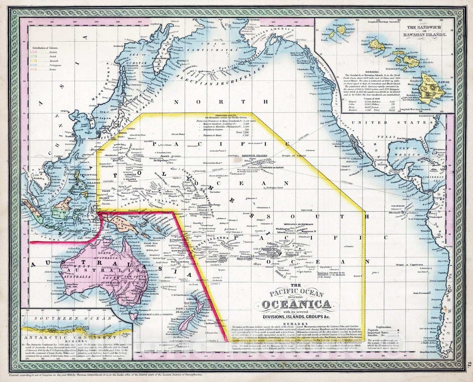 Historic Map : 1853 Pacific Ocean Including Oceanica - Vintage Wall Art