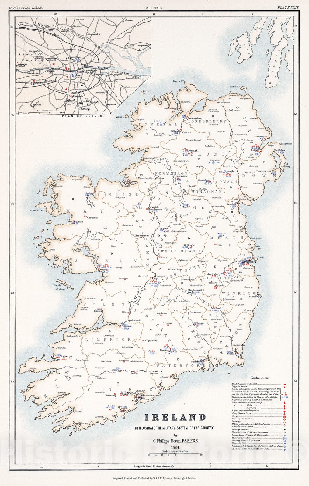 Historic Map : Statistical Atlas - 1881 Ireland to Illustrate the Military Condition of the Country. - Vintage Wall Art