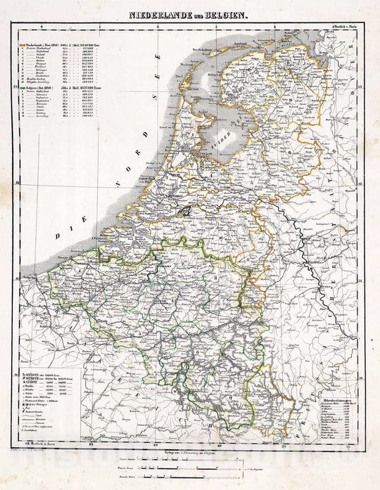 Historic Map : Belgium; Netherlands, Benelux countries 1855 Niederlande, Belgien. , Vintage Wall Art