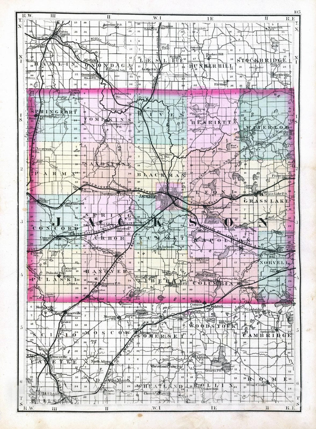 Historic Map : 1873 (Map of Jackson County, Michigan) - Vintage Wall Art