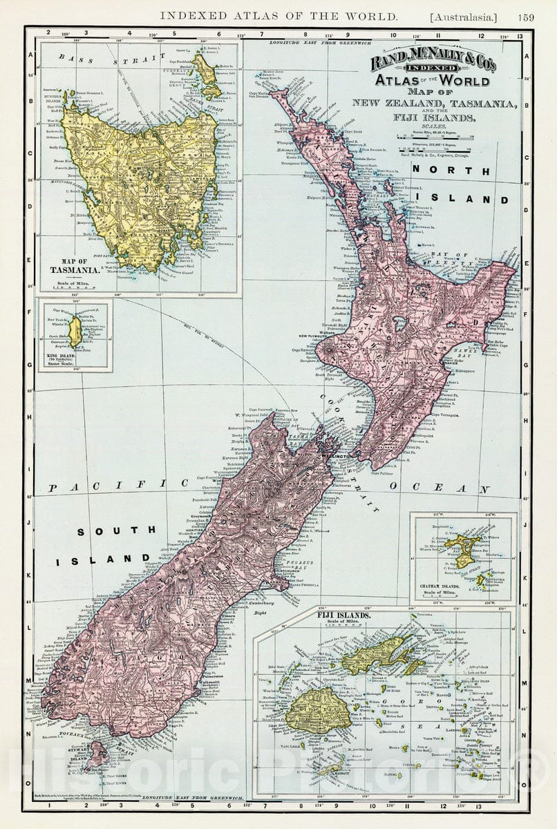 Historic Map : 1897 New Zealand, Tasmania, Fiji. - Vintage Wall Art