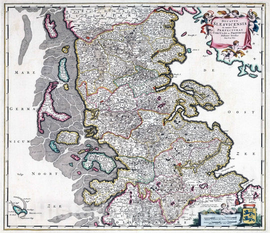 Historic Map : Denmark, Schleswig-Holstein , Germany 1682 Ducatus Slesvicensis. , Vintage Wall Art