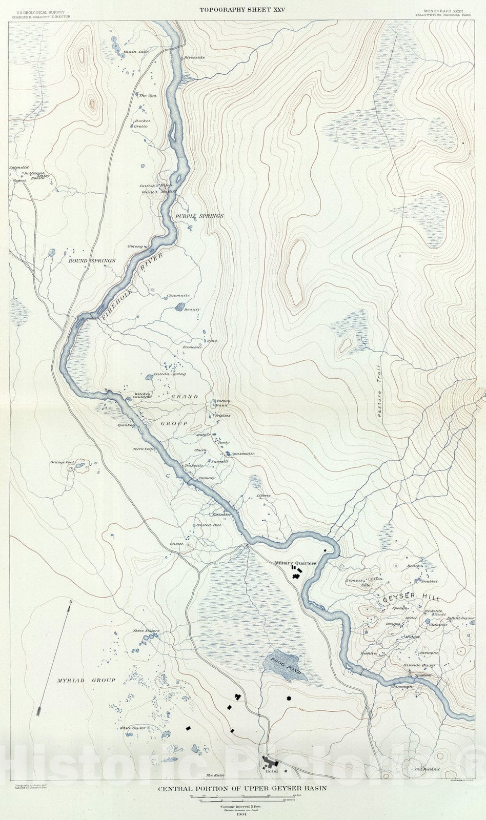 Historic Map : Geologic Atlas - 1904 Central Portion of Upper Geyser Basin. - Vintage Wall Art