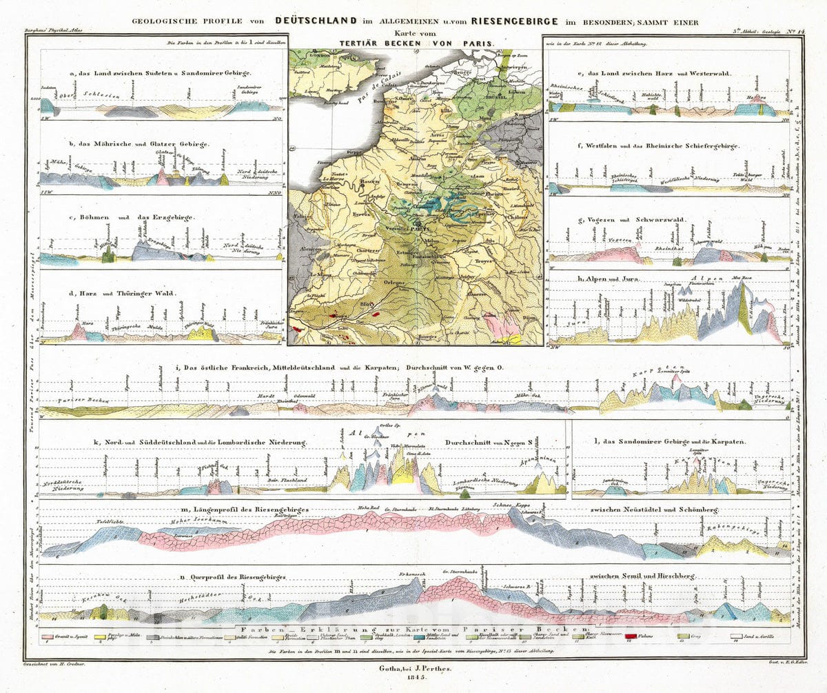 Historic Map : France; Germany, 1845 Geologische Profile von Deutschland im Allgemeinen. , Vintage Wall Art