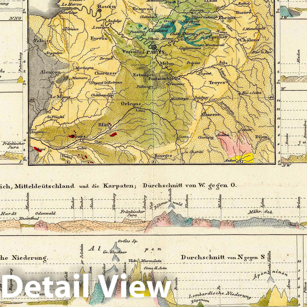 Historic Map : France; Germany, 1845 Geologische Profile von Deutschland im Allgemeinen. , Vintage Wall Art