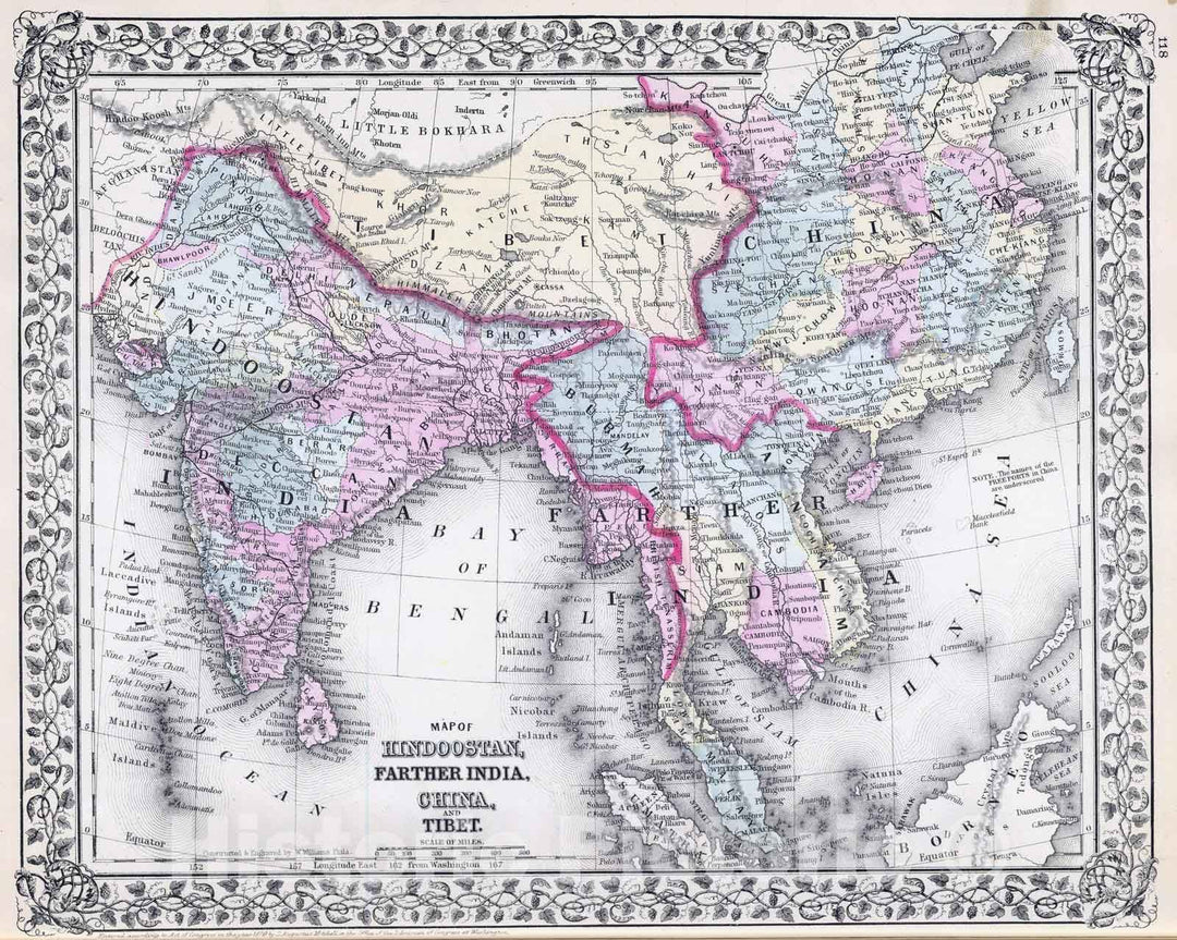 Historic Map : 1880 Hindoostan, Farther India, China, Tibet. - Vintage Wall Art