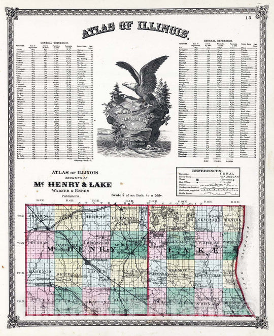 Historic Map : National Atlas - 1872 Atlas of Illinois, Counties of McHenry and Lake. - Vintage Wall Art