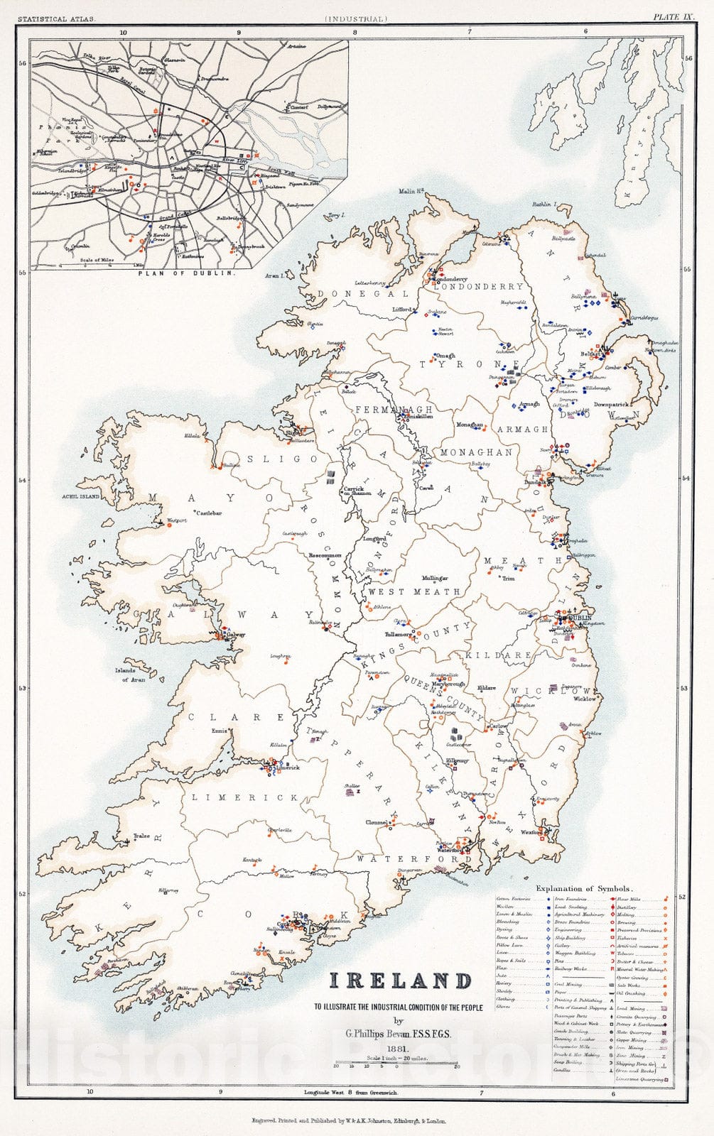 Historic Map : Statistical Atlas - 1881 Ireland to Illustrate the Industrial Condition of the People. - Vintage Wall Art