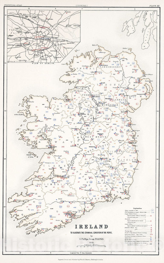 Historic Map : Statistical Atlas - 1881 Ireland to Illustrate the Criminal Condition of the People. - Vintage Wall Art