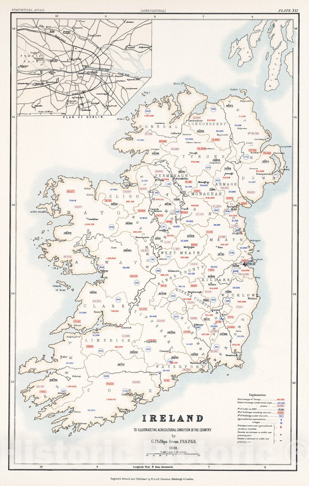 Historic Map : Statistical Atlas - 1881 Ireland to Illustrate the Agricultural Condition of the Country. - Vintage Wall Art