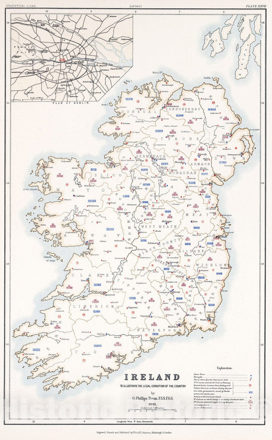 Historic Map : Statistical Atlas - 1881 Ireland to Illustrate the Legal Condition of the Country. - Vintage Wall Art