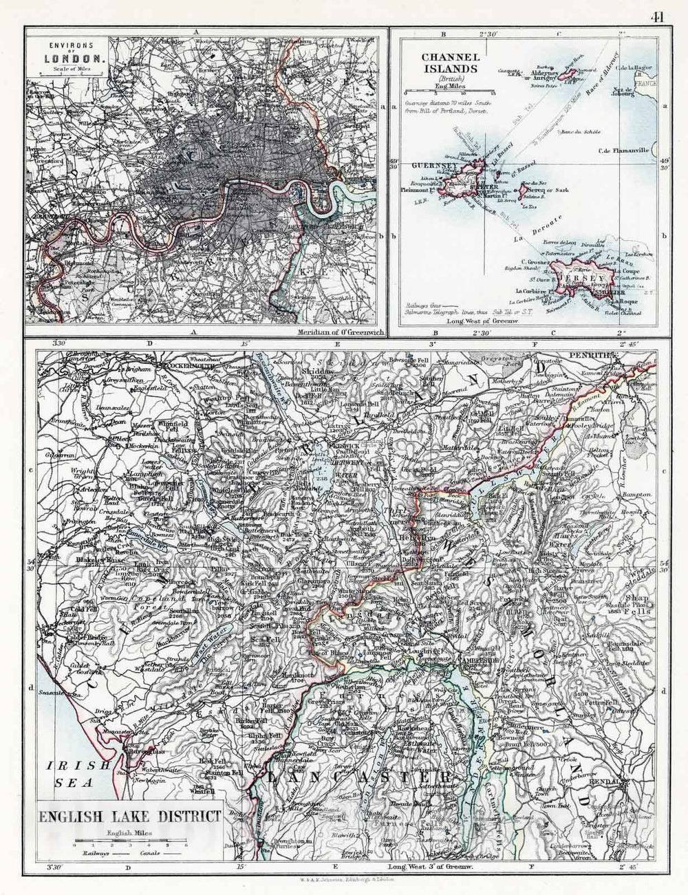 Historic Map : 1906 English Lake District. Environs of London. Channel Islands. - Vintage Wall Art