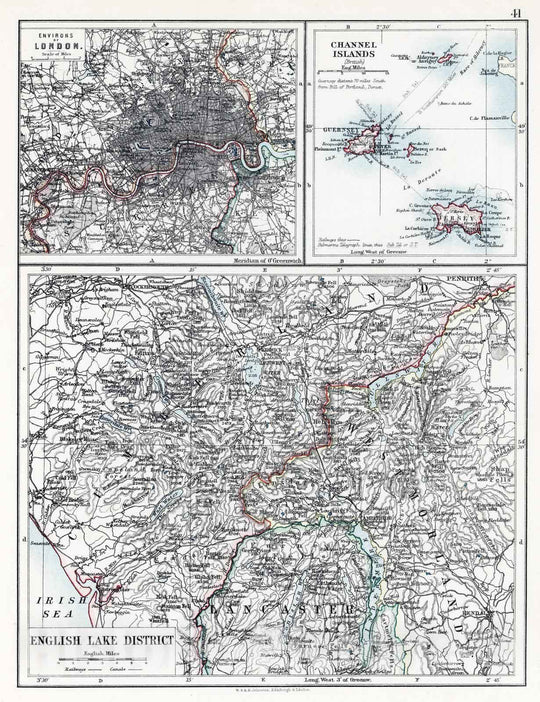 Historic Map : 1906 English Lake District. Environs of London. Channel Islands. - Vintage Wall Art