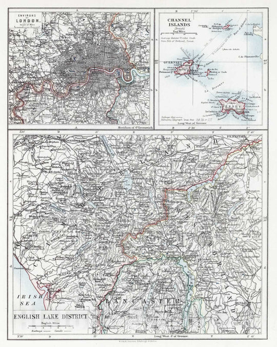 Historic Map : 1906 English Lake District. Environs of London. Channel Islands. - Vintage Wall Art