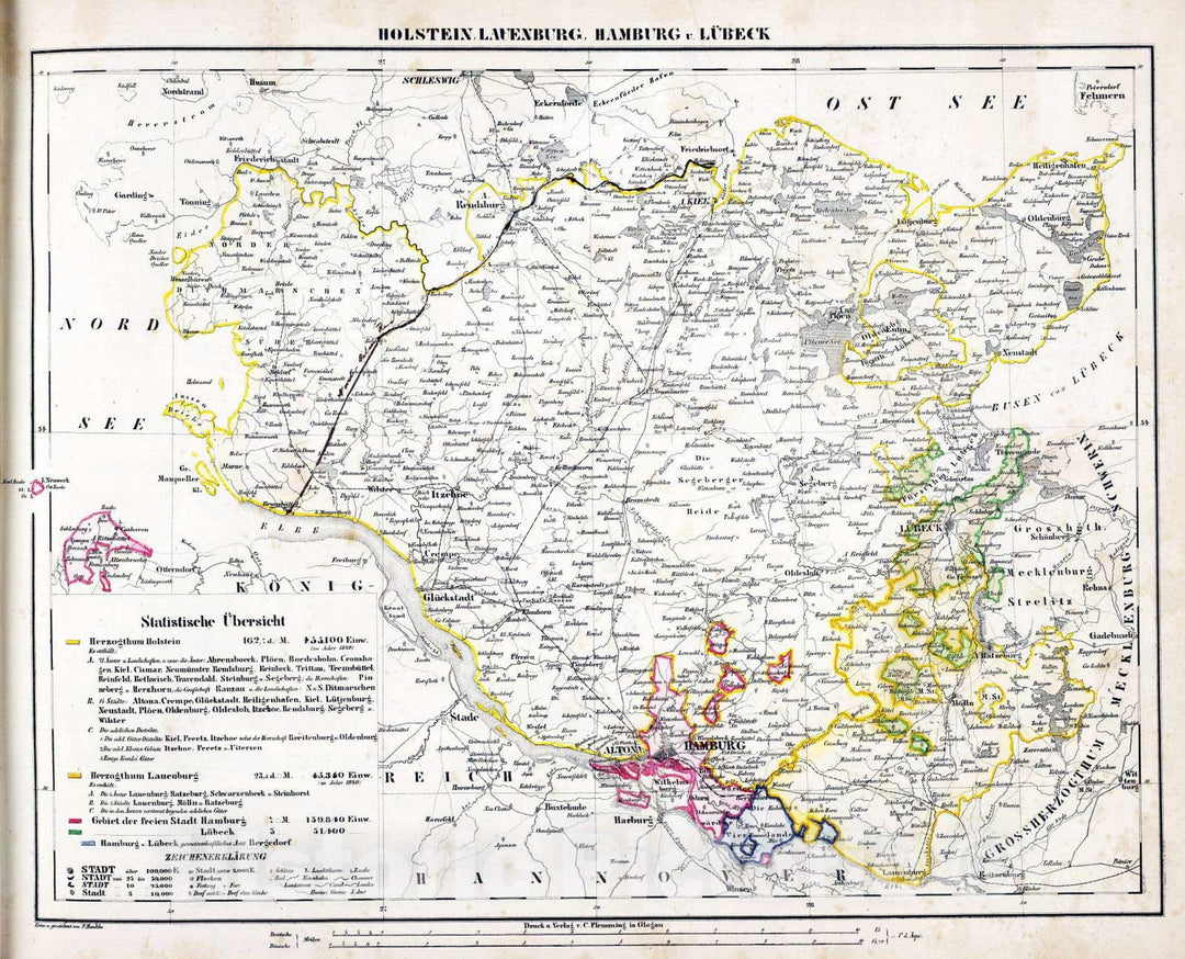 Historic Map : Germany, 1855 Holstein, Lauenburg, Hamburg, Lubeck. , Vintage Wall Art