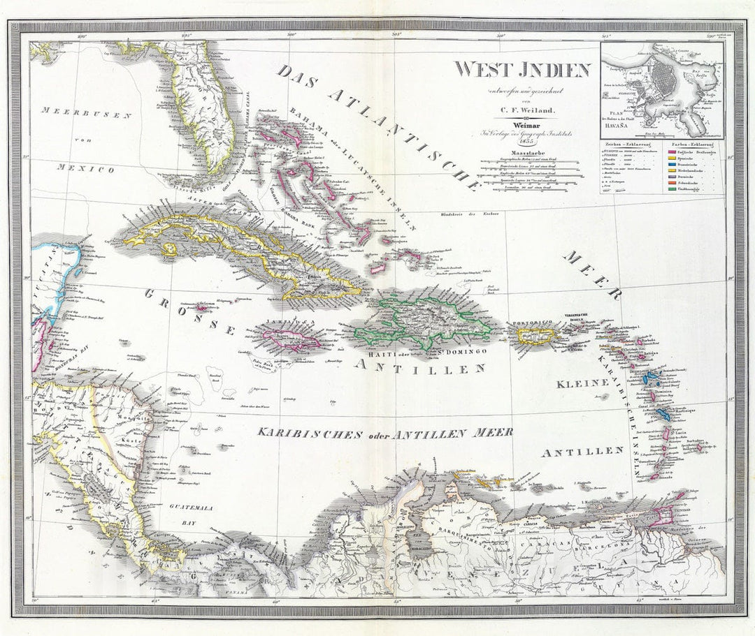 Historic Map : Cuba , Havana (Cuba), West Indies 1855 West Indien. , Vintage Wall Art