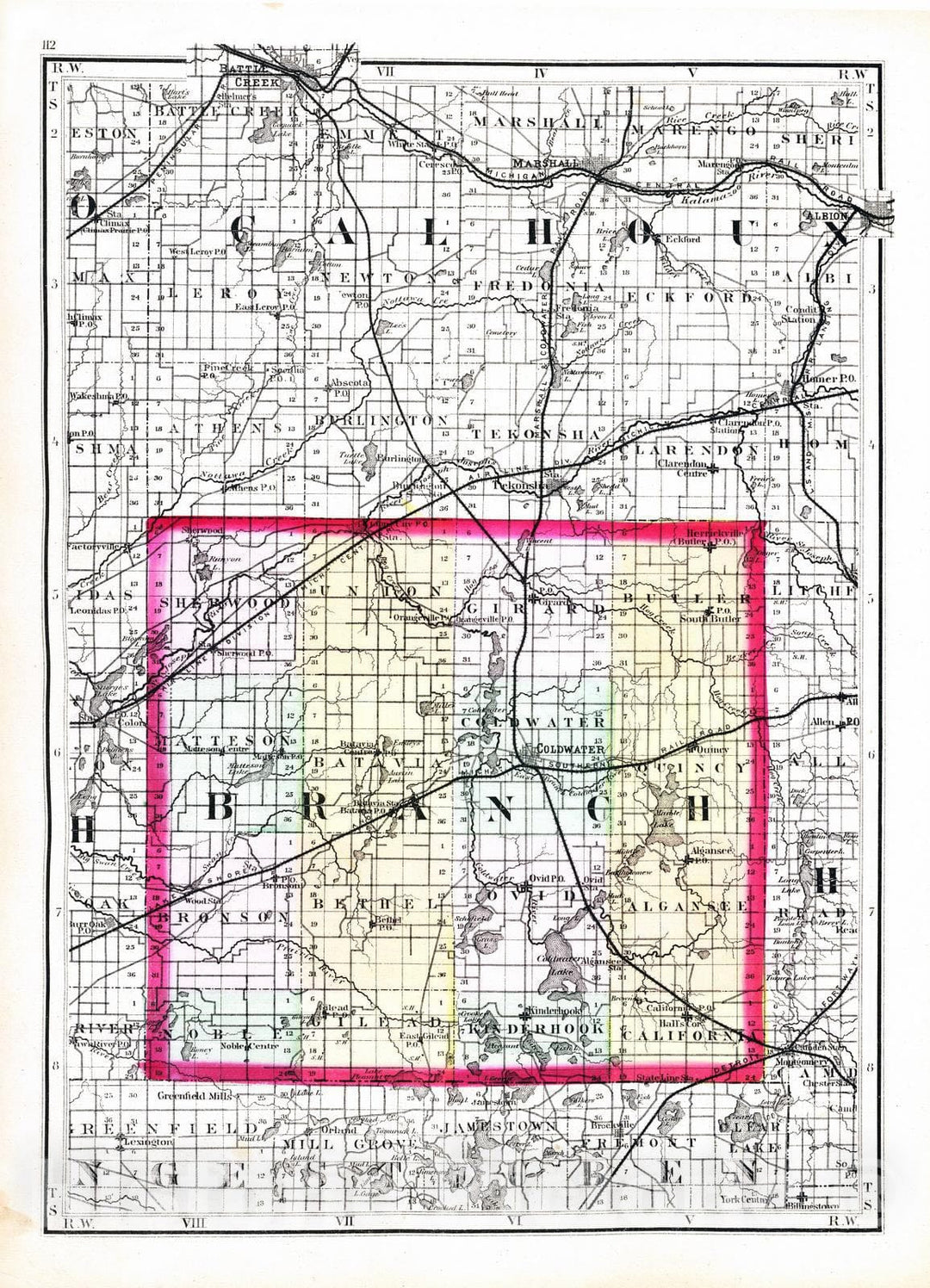 Historic Map : 1873 (Map of Branch County, Michigan) - Vintage Wall Art