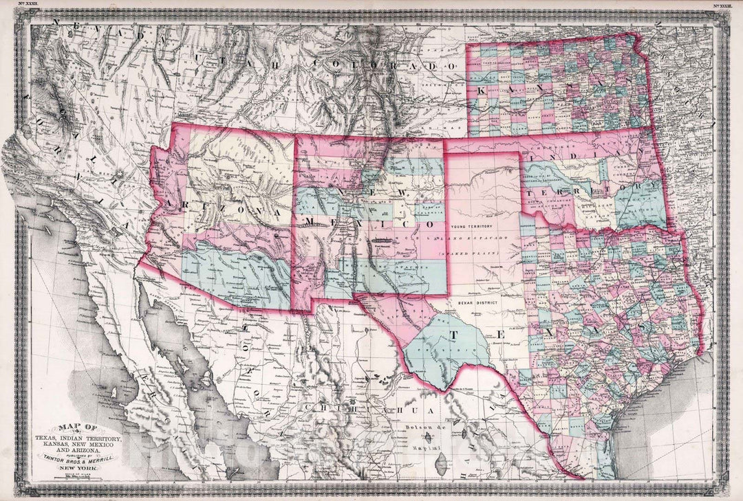 Historic Map - 1874 Texas, Indian Territory, Kansas, New Mexico and Arizona. - Vintage Wall Art