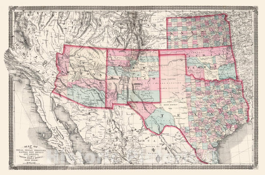 Historic Map - 1874 Texas, Indian Territory, Kansas, New Mexico and Arizona. - Vintage Wall Art