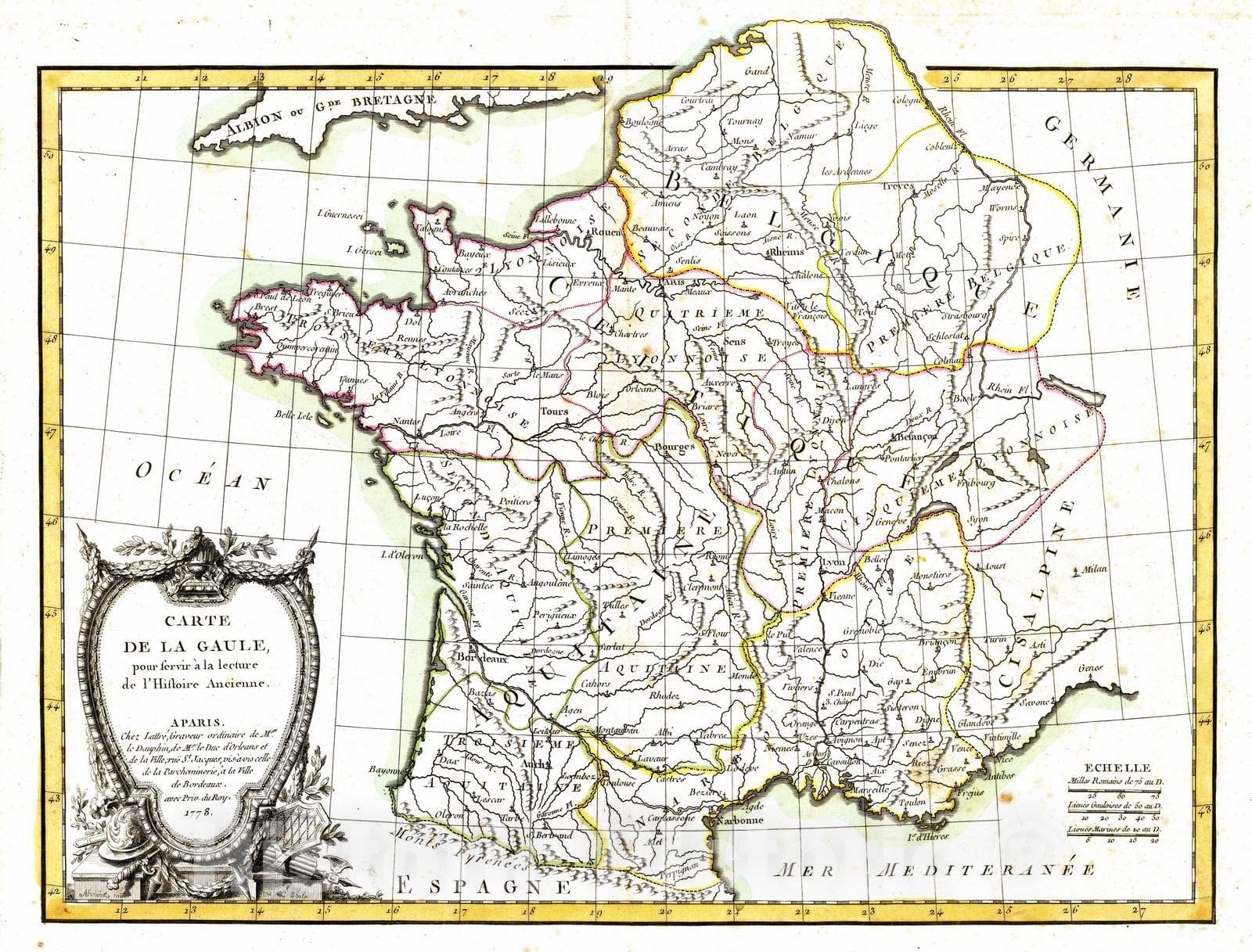 Historic Map : France , Jerusalem, 1778 Gaule ancienne. , Vintage Wall Art