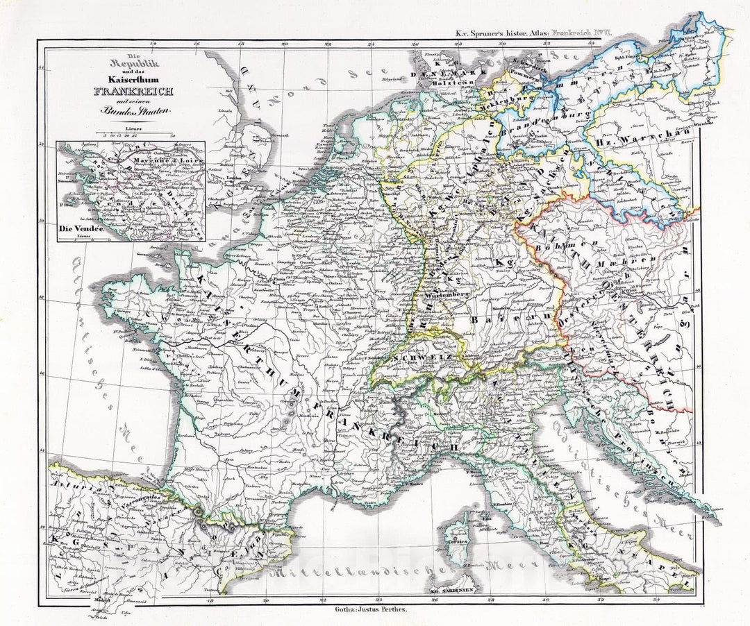 Historic Map : France; Italy, , Europe 1854 Die Republik und das Kaiserthum Frankreich mit seinen Bundes-Staaten. , Vintage Wall Art