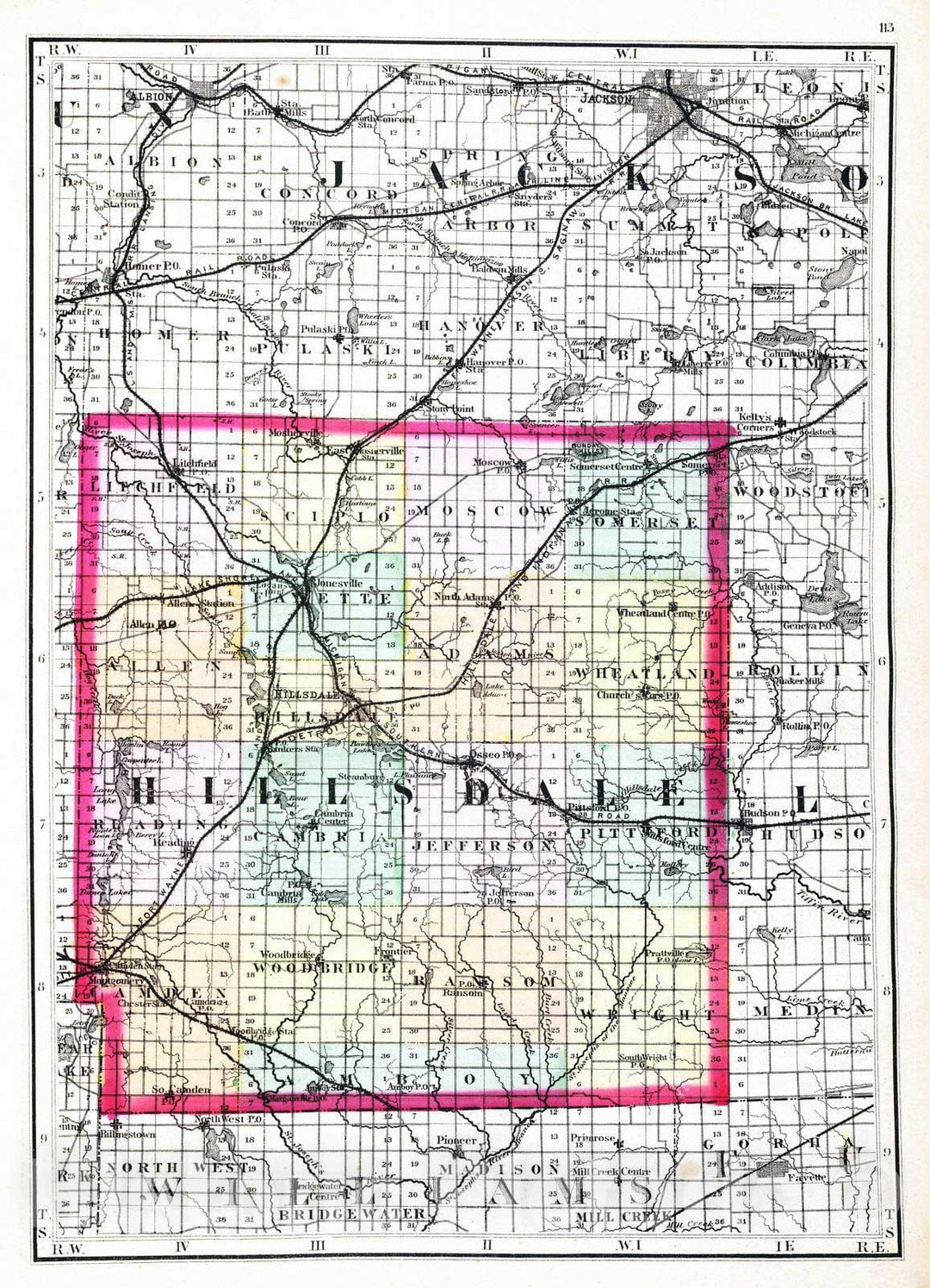 Historic Map : 1873 (Map of Hillsdale County, Michigan) - Vintage Wall Art