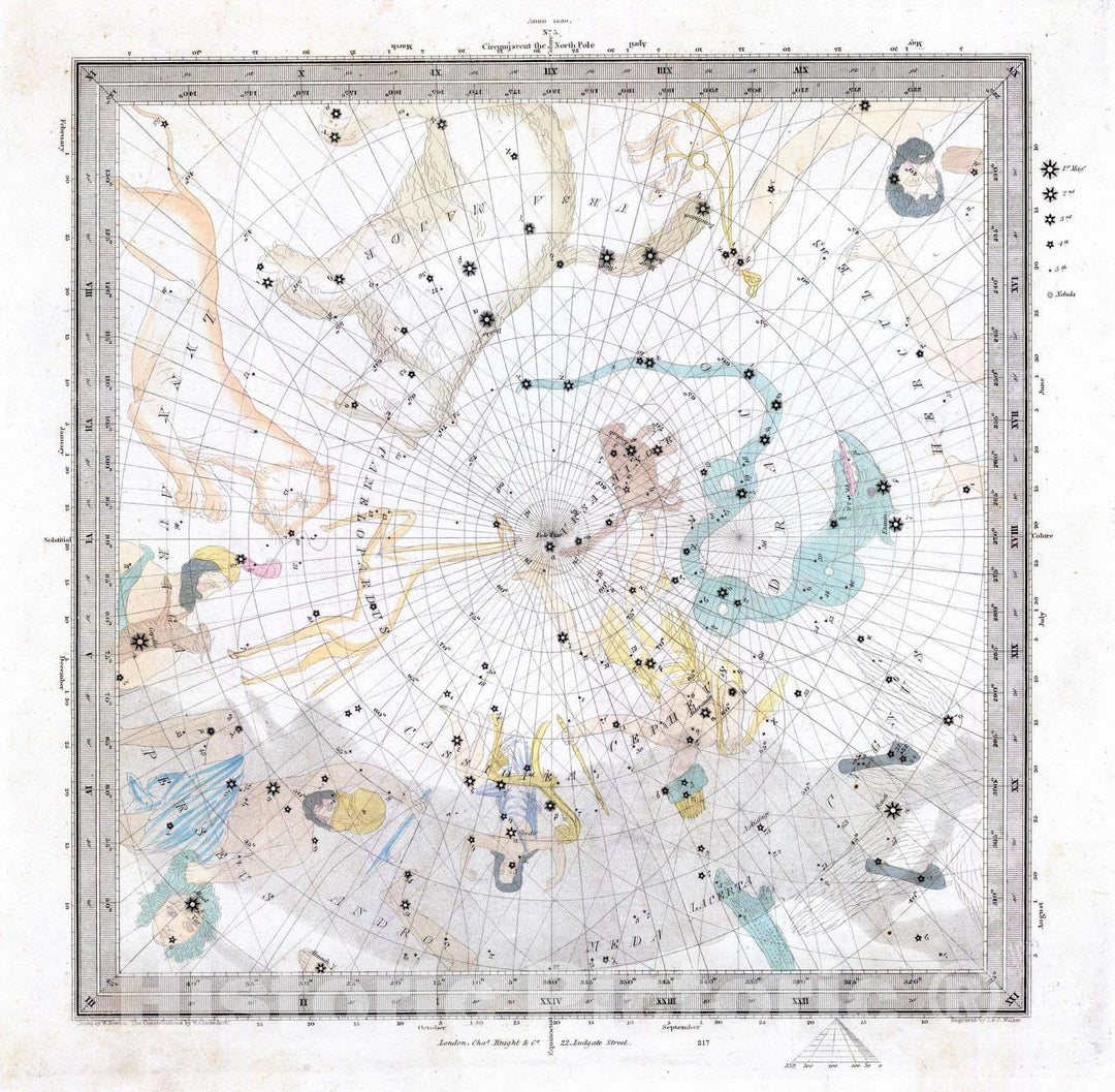 Historic Map : Celestial Atlas - 1844 Anno 1830. No. 5. Circumjacent the North Pole. - Vintage Wall Art