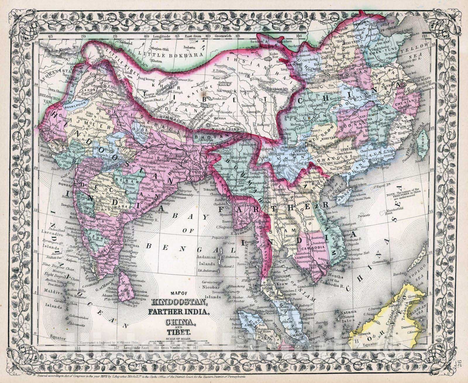 Historic Map : 1870 Hindoostan, Farther India, China, Tibet. - Vintage Wall Art