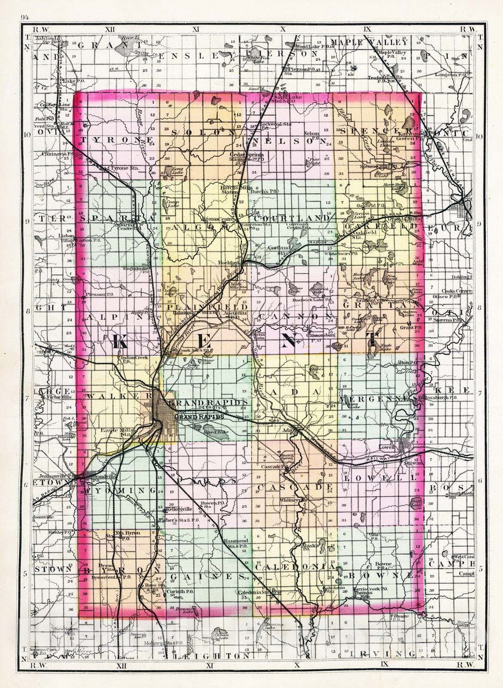 Historic Map : 1873 (Map of Kent County, Michigan) - Vintage Wall Art