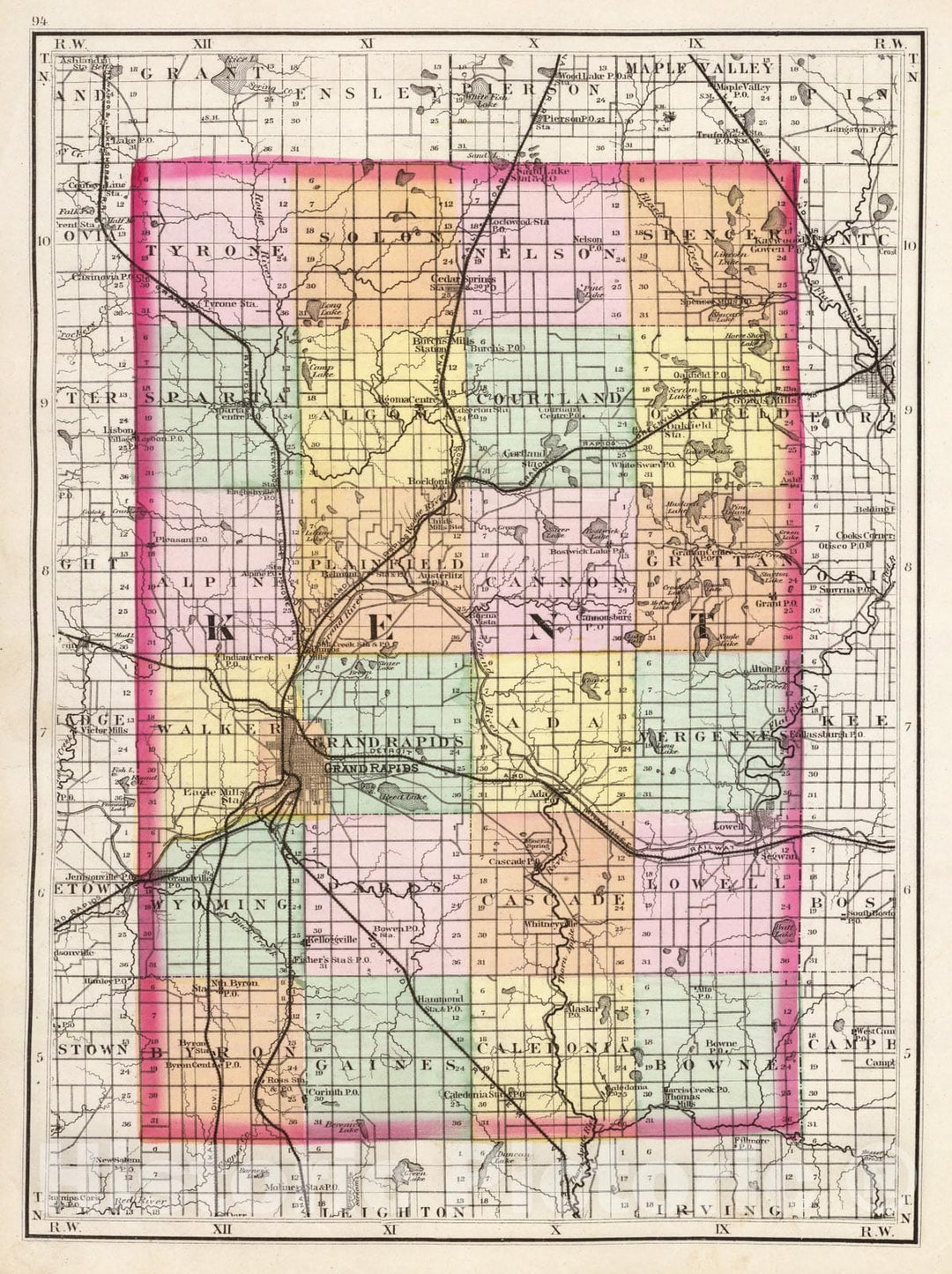 Historic Map : 1873 (Map of Kent County, Michigan) - Vintage Wall Art