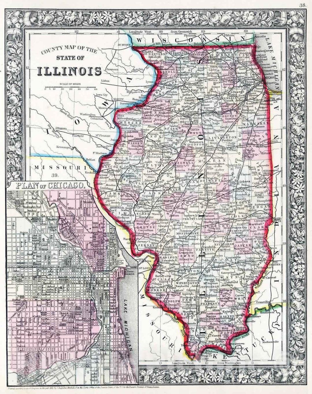 Historic Map : 1865 County map of the State of Illinois - Vintage Wall Art