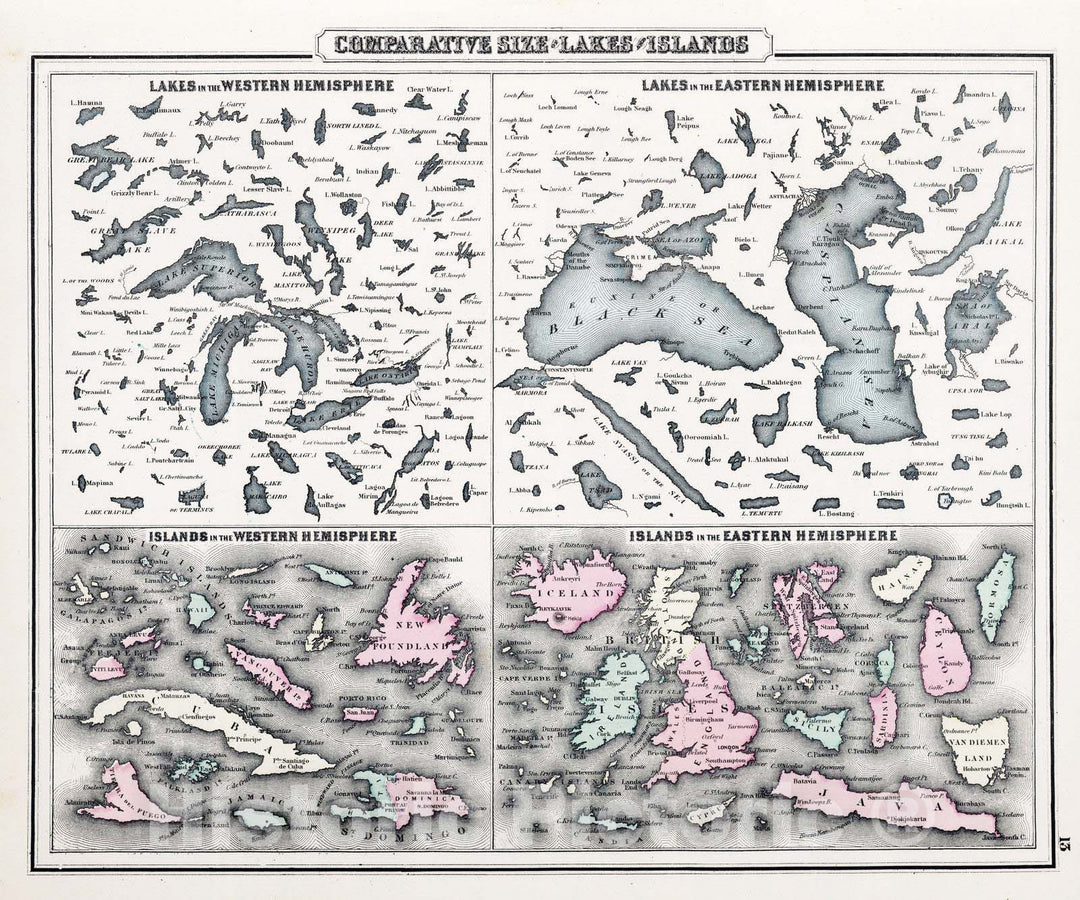 Historic Map : 1878 Comparative Size of Lakes and Islands. - Vintage Wall Art