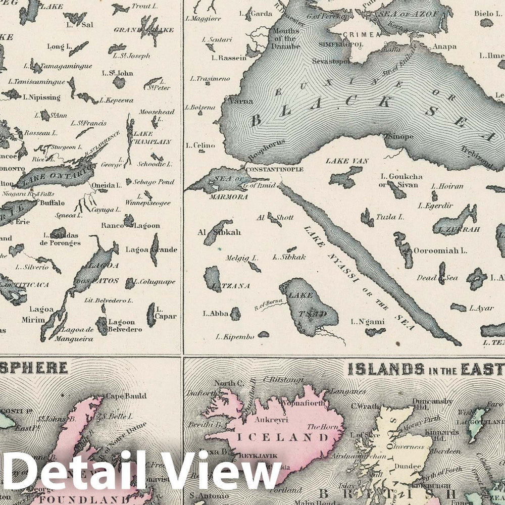 Historic Map : 1878 Comparative Size of Lakes and Islands. - Vintage Wall Art